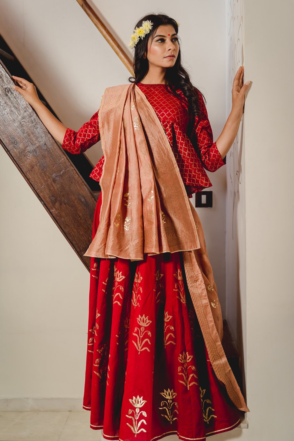 Red Moghul Lehenga Set with Dupatta (Set of 3)