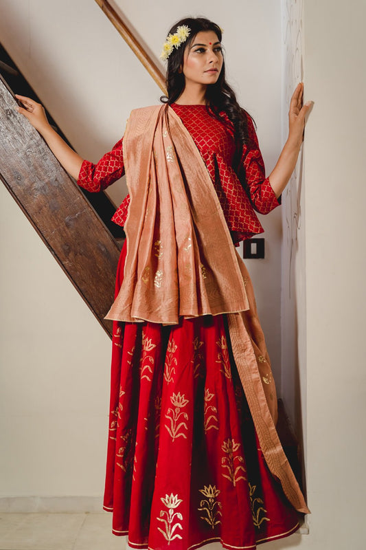 Red Moghul Lehenga Set with Dupatta (Set of 3)