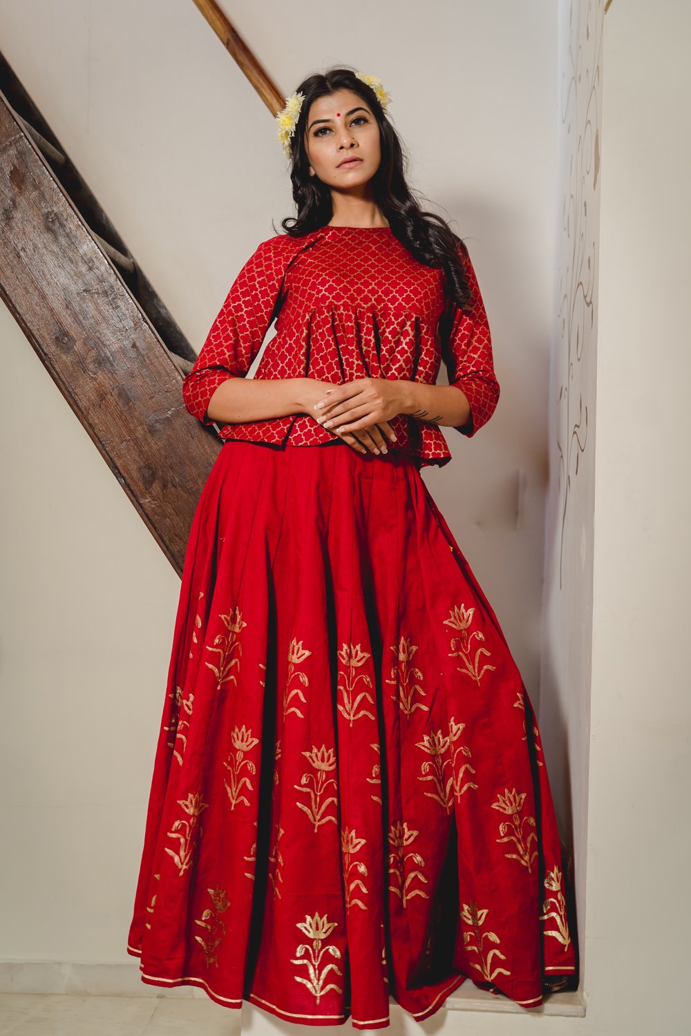 Red Cotton Moghul Blouse & Lehenga (Set of 2)