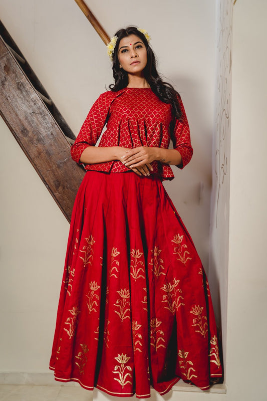 Red Cotton Moghul Blouse & Lehenga (Set of 2)