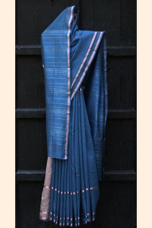 Cornflower Blue Silk by Cotton Maheshwari Sari