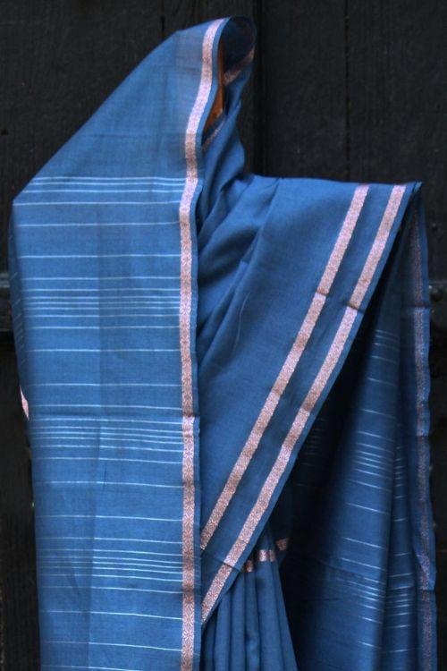 Cornflower Blue Silk by Cotton Maheshwari Sari