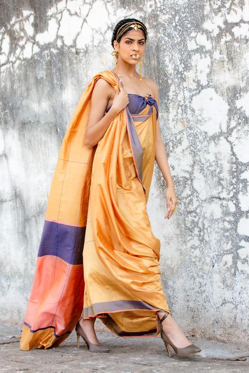 Ochre Pure Silk Sari with Colour Blocking