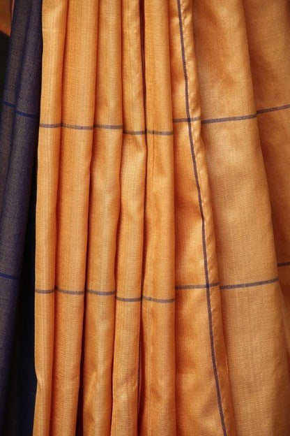 Ochre Pure Silk Sari with Colour Blocking