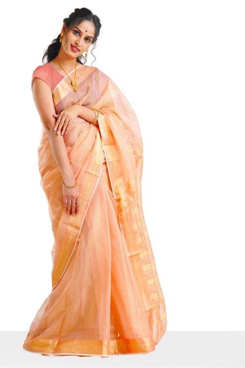 Coral Pink Tissue Maheshwari Sari
