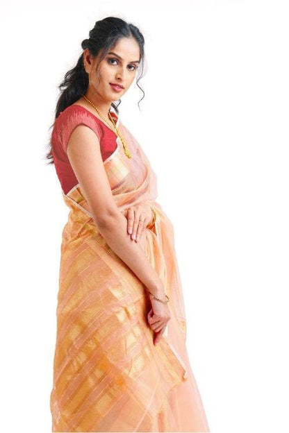 Coral Pink Tissue Maheshwari Sari