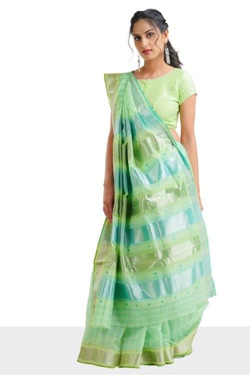 Green Ahilya line Sari with Meena border