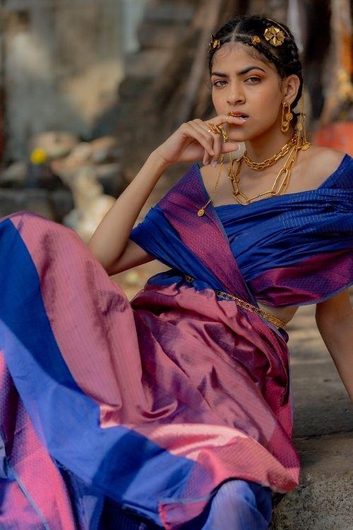Classic Blue Silk Cotton Maheshwari Sari