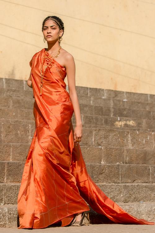 Checkered Rust Orange Pure Silk Sari