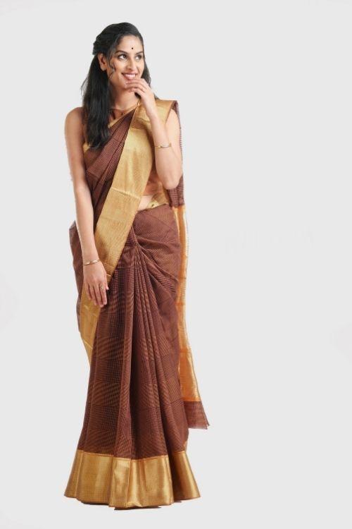 Chocolate Brown & Ochre Maheshwari Sari
