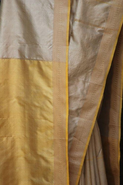 Pale Grey & Yellow Pure Silk Sari
