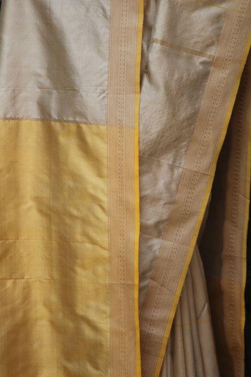 Pale Grey & Yellow Pure Silk Sari