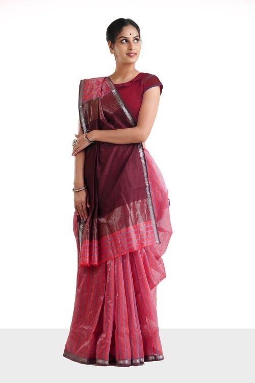 Fuschia Maheshwari Sari with Intricate Silver Zari