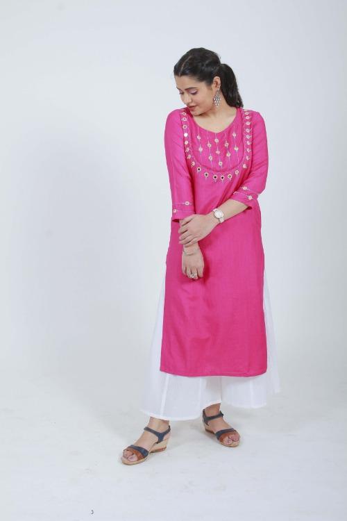 Dariya Hand Embroidered Pink cotton silk kurta