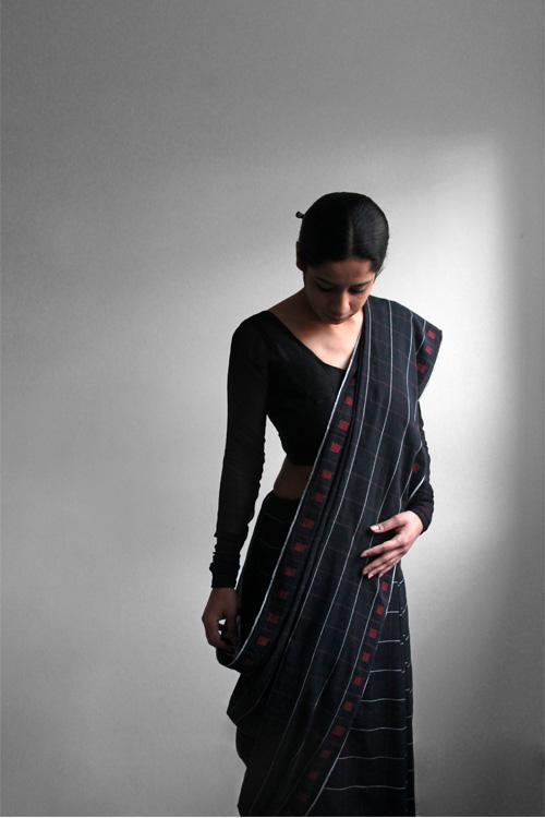 Black Handwoven Cotton sari with Red Square Buti