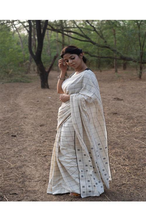 Ivory Handwoven Cotton sari with black square Buti