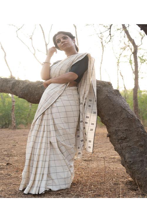 Ivory Handwoven Cotton sari with black square Buti