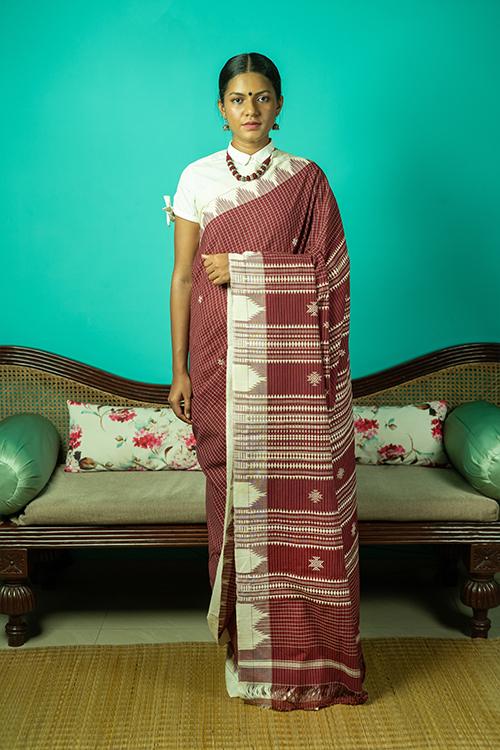 Kotpad' Tribal Odisha Handloom Cotton Maroon with Offwhite Saree
