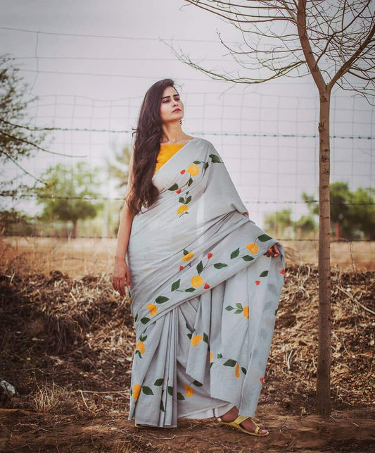 Valiba Pure Soft  Linen Cotton Floral  Sarees