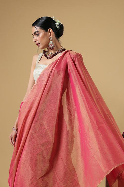Handweave Maheshwari Handloom Full Tissue Saree Col- Dusty Pink, Blouse Colour -Rani
