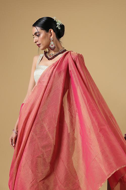 Handweave Maheshwari Handloom Full Tissue Saree Col- Dusty Pink, Blouse Colour -Rani