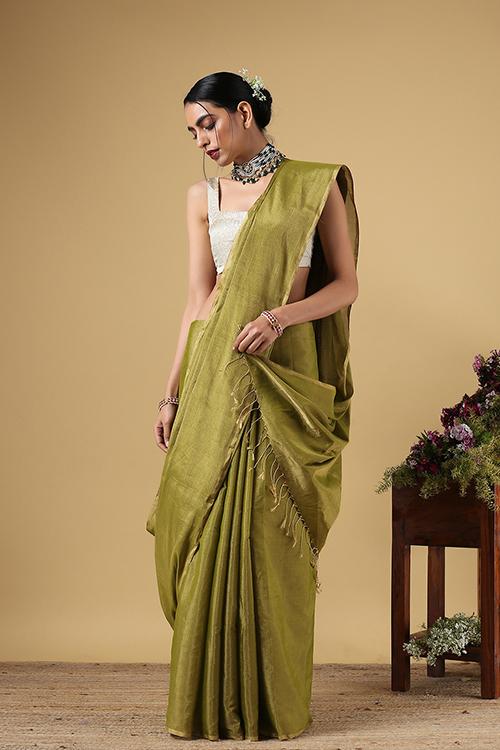 Handweave Maheshwari Handloom Full Tissue Saree Col- Light Green , Blouse Colour - Green