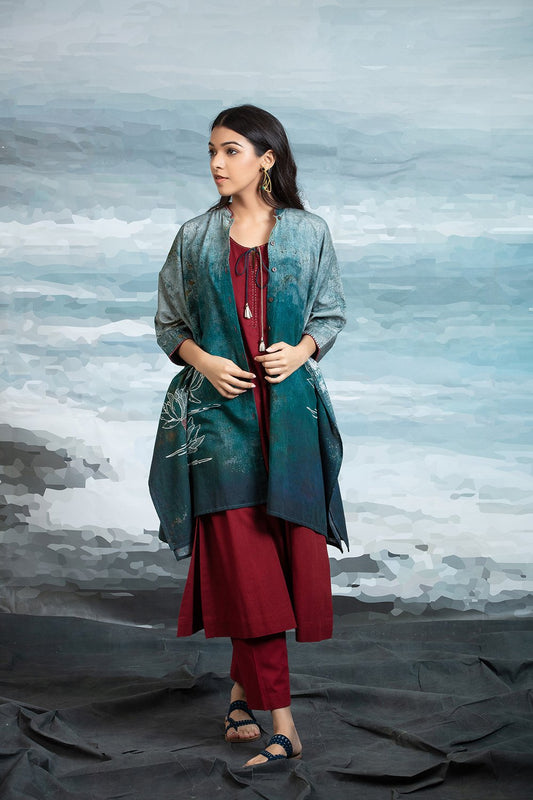 Teal Green Cape With Maroon Tunic-pant Set