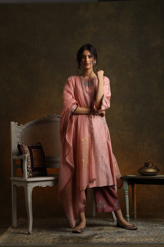 Marori Embroidered & Self Printed Kurta With Embroidered Palazzo & Printed Dupatta (YMN-13B)