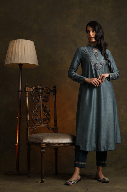 Smokey Blue Elegant Embroidered Kurta With Straight Pants (YMN-02)
