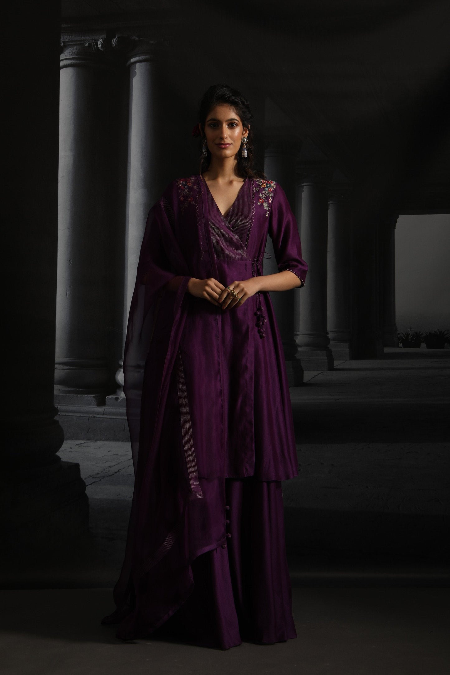 Multicolor Embroidered Angrakha Style Kurta Set ( EM-03/PURPLE / Emerald Green )