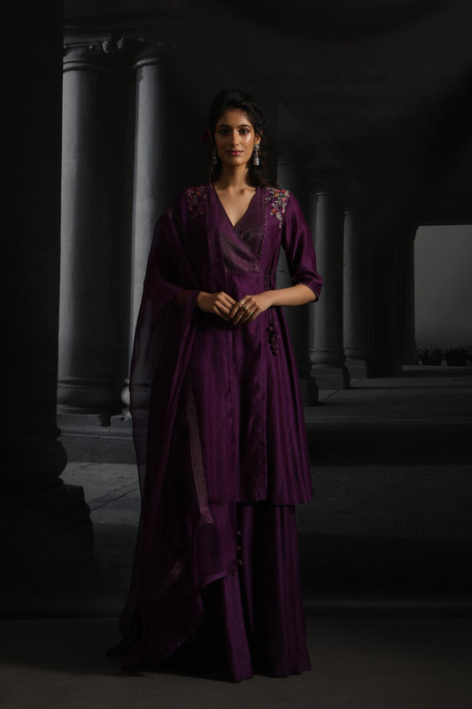 Multicolor Embroidered Angrakha Style Kurta Set ( EM-03/PURPLE / Emerald Green )