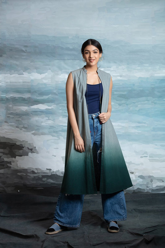 Front Open Cape In Shaded Teal Green.