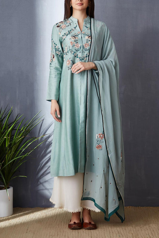 Attractive Aqua Blue A-line Kurta, Palazzo & Dupatta Set ( BGH-10B )