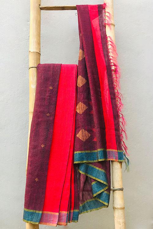 Damini' Handwoven & Handspun Extra Weft Cotton-Silk Saree