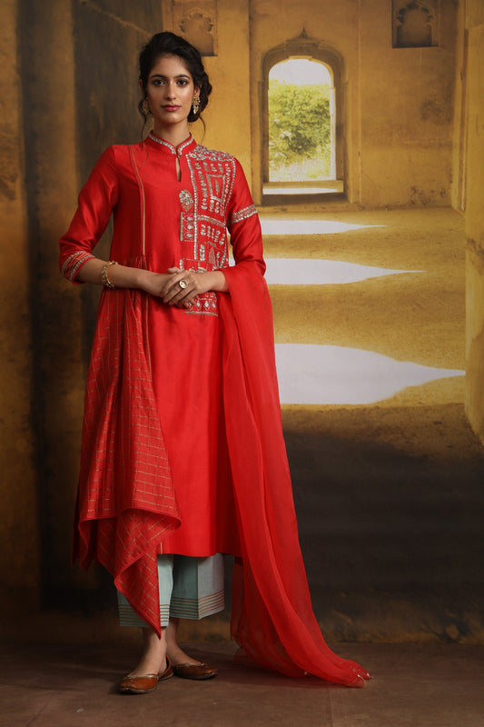 Miniature Painting Inspired Embroidered Kurta Set (MP-01/RED-AQUA)