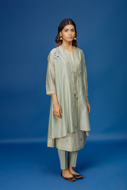 Embroidered Kurta With Cape & Straight Pants. Aqua