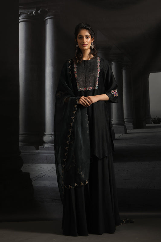 Asymmetrical Embroidered Kurta Set( EM-01/BLACK )