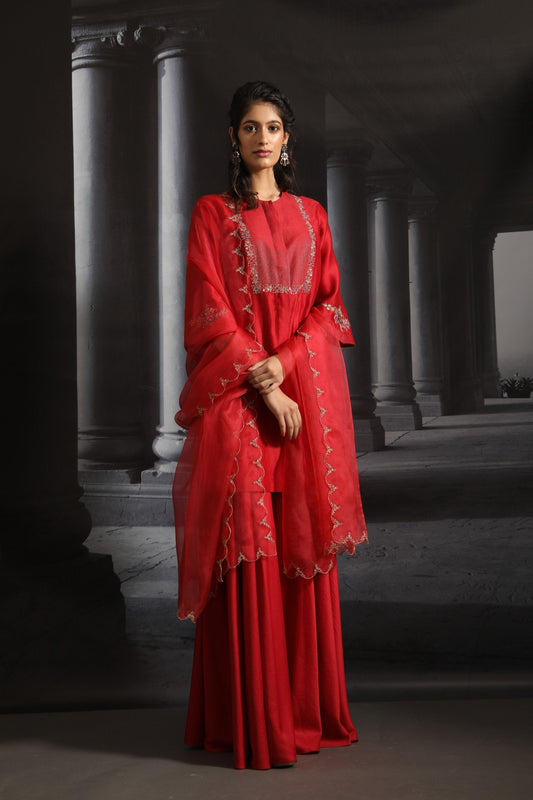 Asymmetrical Embroidered Kurta Set ( EM-01/RED )