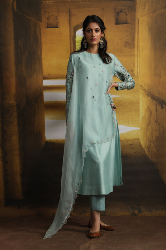 Floral Booti Embroidered Drape Kurta With Straight Pant (MP-04/Aqua)