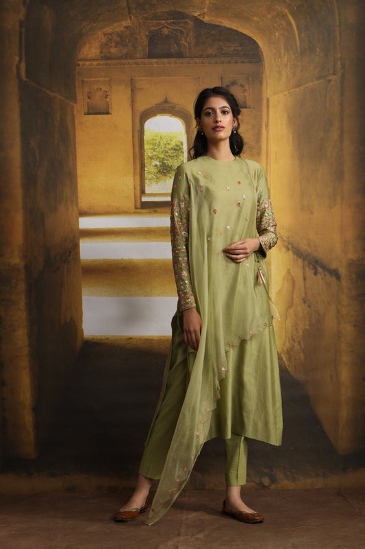 Floral Booti Embroidered Drape Kurta With Straight Pant (MP-04/Olive)