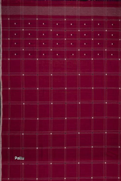 Hand-spun Pixel Buta Cotton Handloom Saree – Red Wine