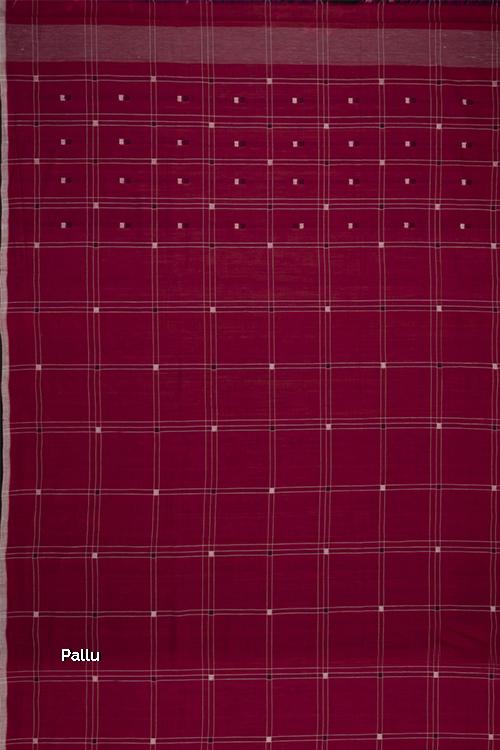 Hand-spun Pixel Buta Cotton Handloom Saree – Red Wine