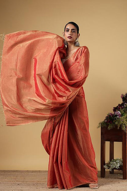 Handweave Maheshwari Handloom Full Tissue Saree Col- Red, Blouse Colour- Red