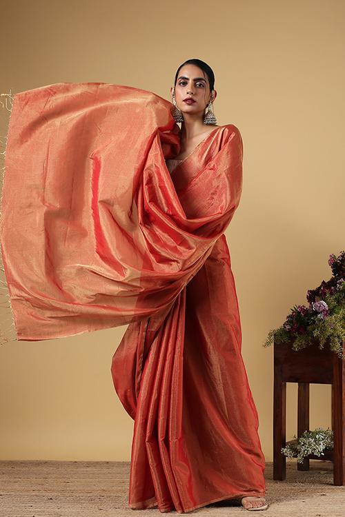 Handweave Maheshwari Handloom Full Tissue Saree Col- Red, Blouse Colour- Red