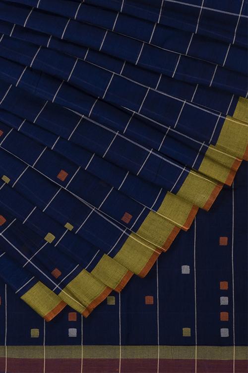 Hand-spun Square Checks Cotton Handloom Saree  – Navy Blue