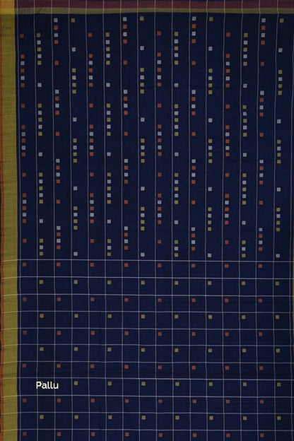 Hand-spun Square Checks Cotton Handloom Saree  – Navy Blue