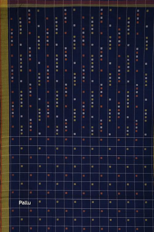 Hand-spun Square Checks Cotton Handloom Saree  – Navy Blue
