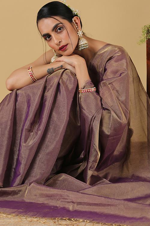 Handweave Maheshwari Handloom Full Tissue Saree Col-Voilet , Blouse Colour - Voilet.
