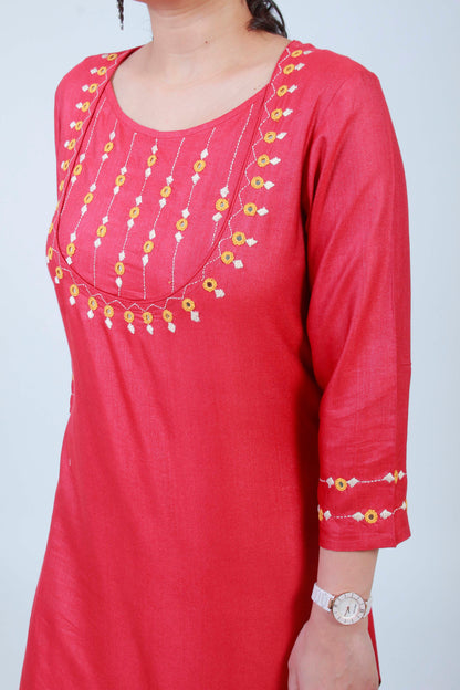 Mohini' Hand Embroidered Red cotton silk kurta
