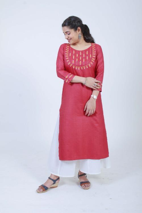 Mohini' Hand Embroidered Red cotton silk kurta